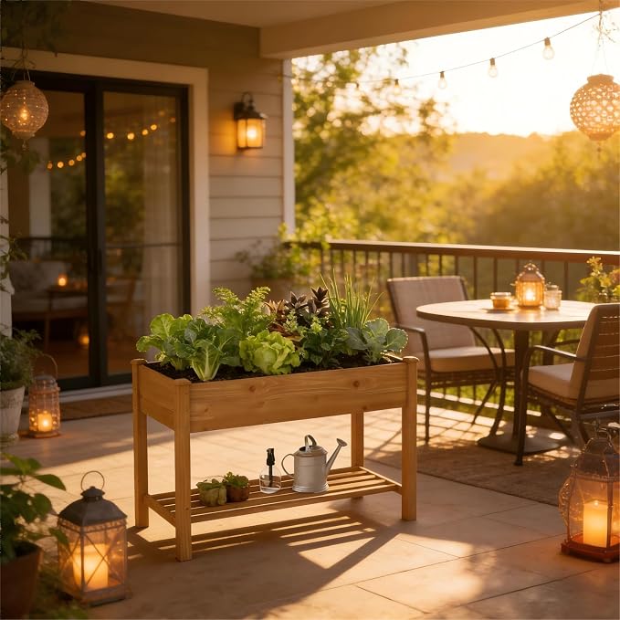 PL 48x24x30.5IN Raised Garden Bed with Legs Elevated Wooden Planter Box Stand Large Planter Stand Box for Fruits Vegetables Flowers Herbs w/Divider Liner (Brown-M)