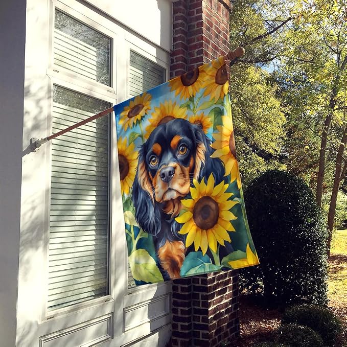 Caroline's Treasures DAC6048CHF Cavalier Spaniel in Sunflowers House Flag Large Porch Sleeve Pole Decorative Outside Yard Banner Artwork Wall Hanging, Polyester, House Size, Multicolor