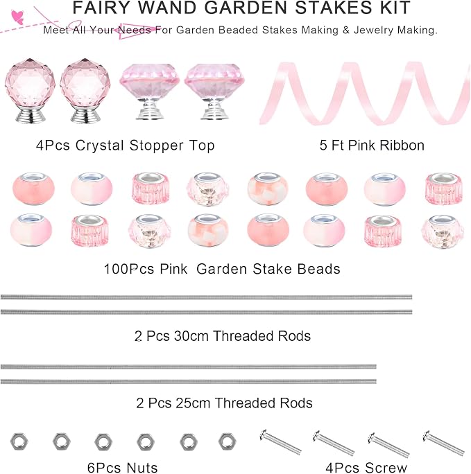 119 Pcs Garden Stake DIY Fairy Wand Plant Stake with Pink Large Hole Beads Crystal Diamond Stopper Top 4 Stainless Steel Threaded Rod Beaded Garden Stakes for Outdoor Indoor Yard Patio Decorations