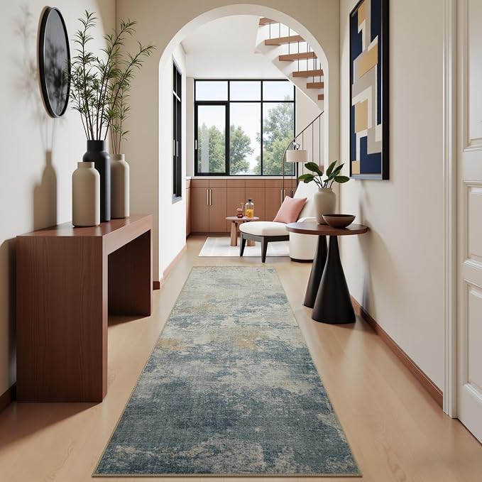 Joydeco 2x6 Washable Runner Rug for Hallway, Modern Abstract Non-Slip Soft Rugs, Low Pile Carpet for Entryway, Bedroom, Kitchen, Laundry, White & Blue & Gold