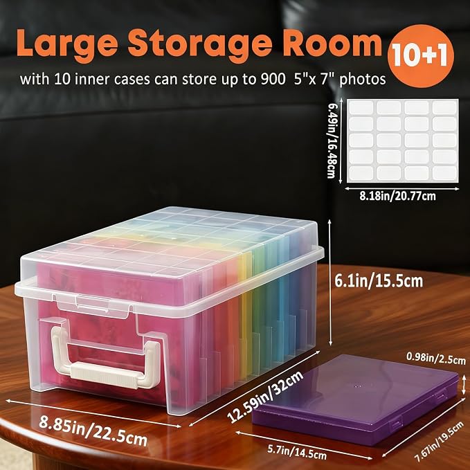 NINU Photo Storage Box 5 x 7 In Photo Case, 10 Inner Large Photo Keeper, Color Photo Storage Container, Seed Craft Cards Pictures Organizer, Plastic Office Organizer with 1 Label Sticker