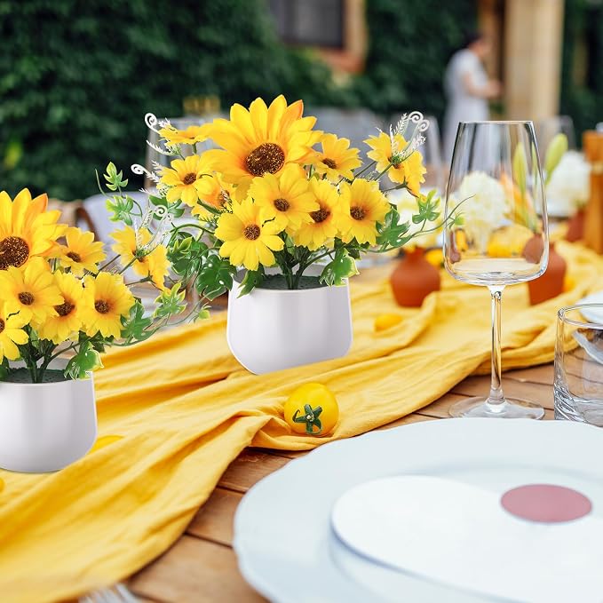 Zeyune 8 Pcs Sunflower Potted Plants Rustic Summer Spring Kitchen Wedding Table Centerpieces Silk Yellow Fake Flower with Plastic Pot for Home Bathroom Office (Stylish,Sunflower)