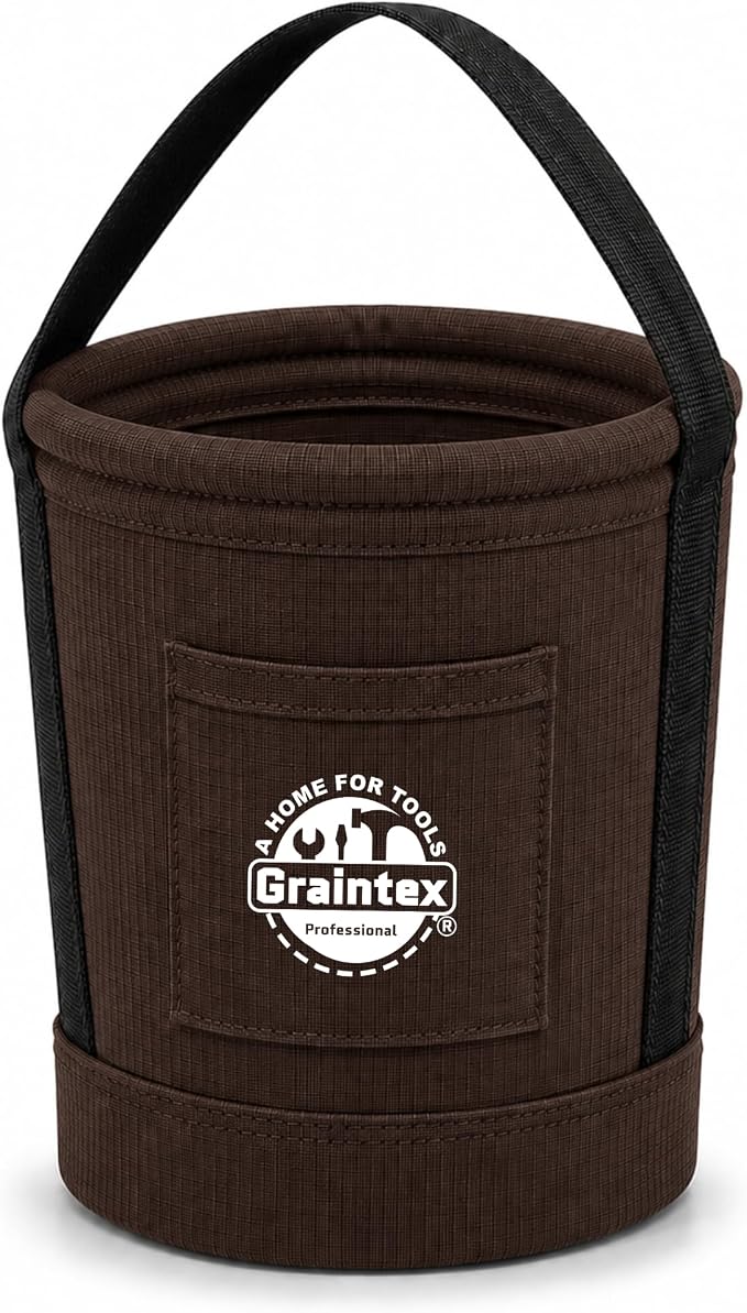 Graintex Tapered Canvas Bucket 12"x10"x15", Utility Tool Bucket One Inside Pocket, Reinforced Base & Carry Handle, Ripstop Canvas - Coffee Brown