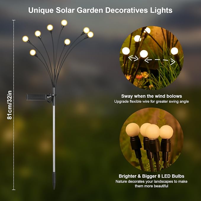 Solar Lights Outdoor(4 Pack,32 LEDs), ASMAD Solar Garden Lights, Outdoor Decorations, Firefly Light for Patio Decor, Big Bulb, Unique Gifts for Women, Gifts for Grandma