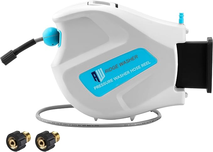 RIDGE WASHER Pressure Washer Hose Reel, 65FT X 1/4'' Power Washer Hose Reel, Auto Rewind Wall Mounted Retractable Hoses Reel, 3600 PSI