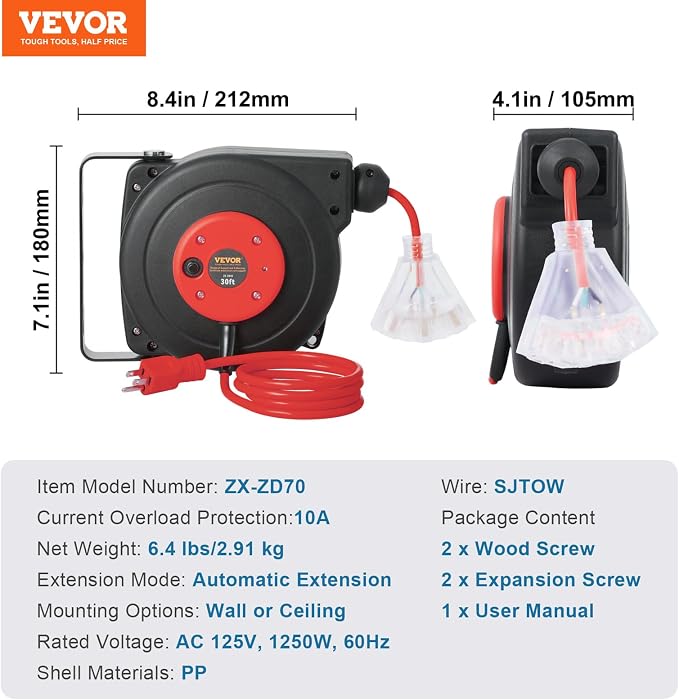 VEVOR Retractable Extension Cord Reel, 30 FT, Heavy Duty 16AWG/3C SJTOW Retractable Power Cord Reel with Lighted Triple Tap Outlet 10 Amp Circuit Breaker 4.5FT Lead-in Cord, for Ceiling or Wall Mount