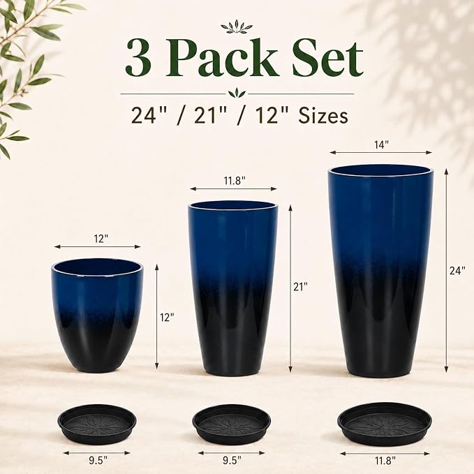 Neoaider Set of 3 Tall Planter, 24/21/12in Large Plastic Planter, Dark Blue | Ceramic-Look, Lightweight, Built-in Drain Hole, Saucers, Tall Outdoor Planter for Porch, Garden, Patio, Balcony