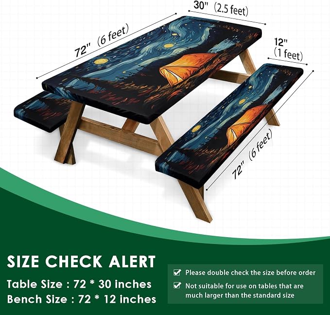 Picnic Table Cover with Bench Covers Elastic Edges, Art Camper Fitted Table Cover, Outdoor Patio Camping Essentials 72 Inch 3PCS, Waterproof Camping Fitted Tablecloth with Drawstring Bag
