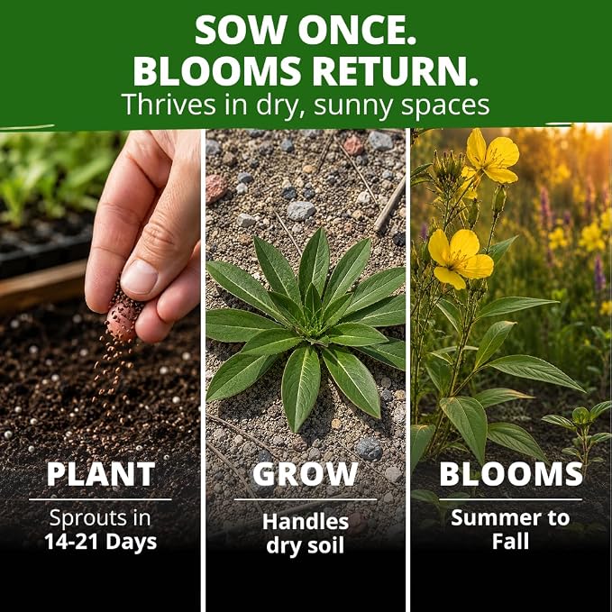 HOME GROWN Evening Primrose Seeds for Planting, Oenothera Lamarckiana, 575 Heirloom Non-GMO Wildflower Seeds, 0.3g, Yellow Blooms, Drought Tolerant, Pollinator Garden, Zones 4–9