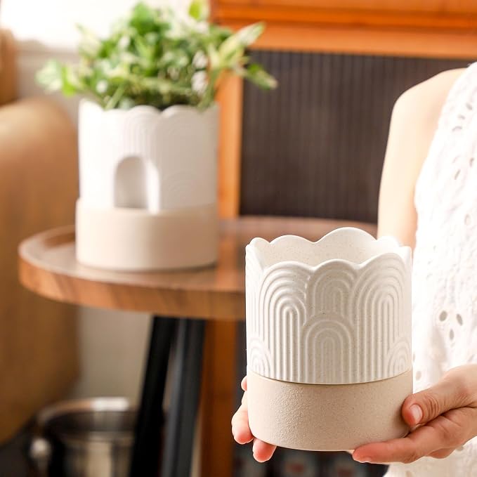 Nihow Self Watering Plant Pot for Indoor Plants: 4.5+6 Inch Ceramic Planter with Drainage Hole & Water Storage Plus - Cylinder Flower Pot with Wick for Herbs -Beige & Nature