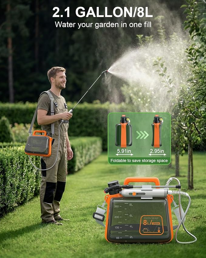 2 Gallon Electric Garden Sprayer, Battery Powered Weed Sprayer with Telescopic Wand, 3 Adjustable Nozzles, Garden Sprayer with Collapsible Tank, Shoulder Strap for Lawn Care, Plant Watering & Cleaning