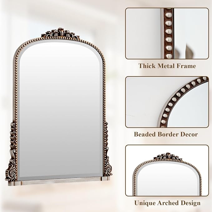 24"×32" Silver Arched Wall Mirror with Vintage Carving | Bathroom Vanity Makeup Mirror, as Wall Decor Hanging Leaning for Fireplace Mantle, Living Room, Bedroom, Vanity Area