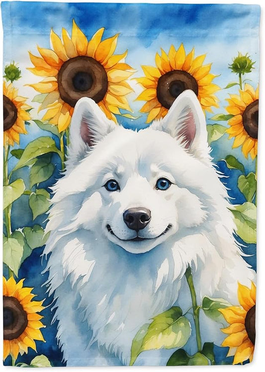 Caroline's Treasures DAC6008CHF American Eskimo in Sunflowers House Flag Large Porch Sleeve Pole Decorative Outside Yard Banner Artwork Wall Hanging, Polyester, House Size, Multicolor