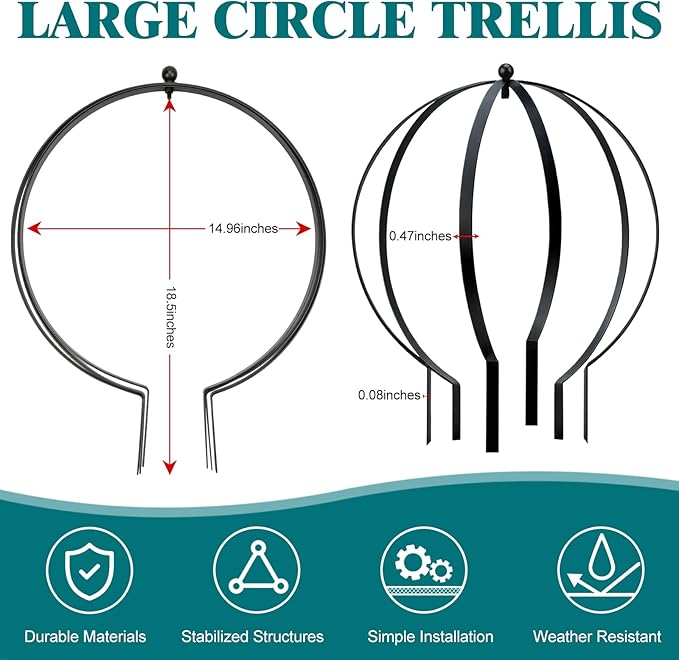 4 PCS Large Metal Round Trellis for Climbing Plants, Heavy Duty Thick Rustproof Obelisk, Garden Sphere Frame for Potted Roses Vines, Outdoor Garden Decor, Easy Assembly (18.5" x 15")