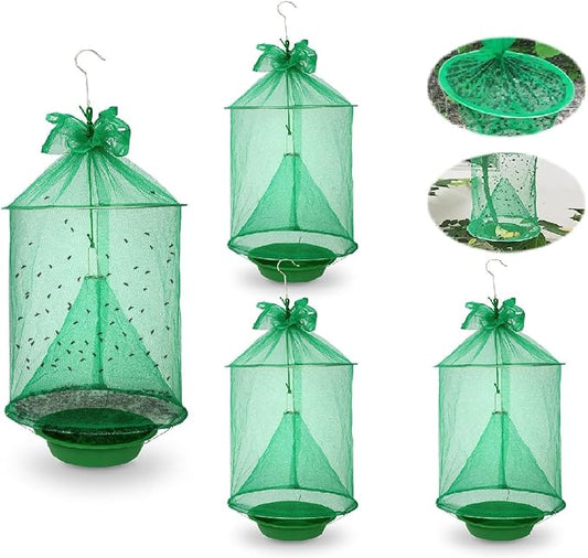 4 Pack Reusable Ranch Fly Trap Hanging, Fly Traps Outdoor Fly Catcher Killer Hunter Cage Control, Farm Horse Stable Fly Trap for Orchard, Barn, Garden