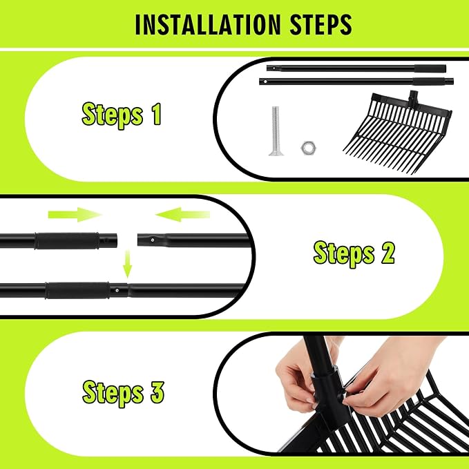 Lasnten 3 Sets Manure Fork with Long Handle, ABS Plastic Head & Metal Handle, Pitch Fork Manure Rake Heavy Duty Muck Rake for Gardening Horse Stable Grass Hay Cleaning Farm Work (Black, Normal Grip)