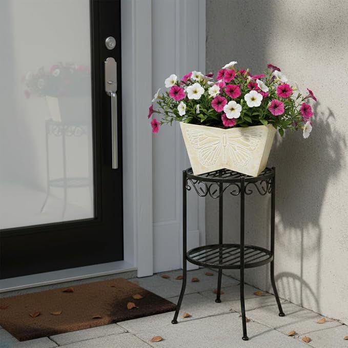 GreenShip 16 Inch Large Resin Flower Pots, Resin Planter Pot with Drainage Hole, Vintage Butterfly Embossed Decorative Garden Pot, Weather-Resistant for Porch, Patio, Indoor Use, Beige
