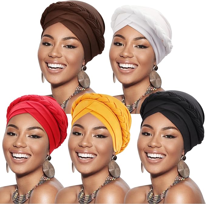 DRESHOW African Women Turban Caps Beanie Twist Headscarf Pre-Tied Twisted Braid Headwraps for Women Chemo Cancer Cap