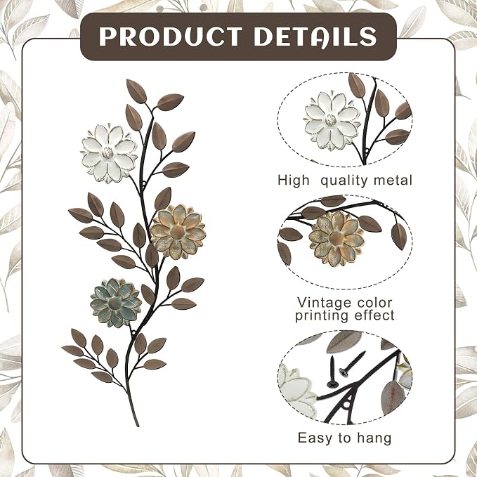 MorningRo 2 Pcs Metal Flower Leaves Wall Art Spring Wall Decor Living Room, 15.75 Inch Vintage Rustic Branch Leaf Wrought Iron Scroll Art Decor for Summer Bedroom Indoor Outdoor Decorations(Brown)