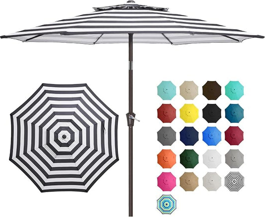 JEAREY 9' 2-Tiers Patio Umbrellas Outdoor Table Market Umbrella w/Push Button Tilt/Crank, 8 Sturdy Ribs, UV Protection Waterproof Sunproof(Black Striped)