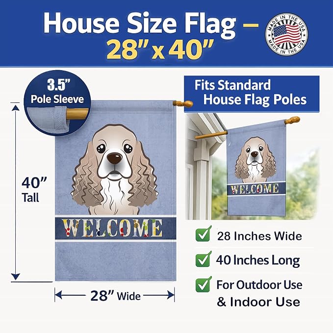 Caroline's Treasures BB1402CHF Cocker Spaniel Welcome House Flag, Blue Large Porch Sleeve Pole Decorative Outside Yard Banner Artwork Wall Hanging, Polyester, House Size, Multicolor
