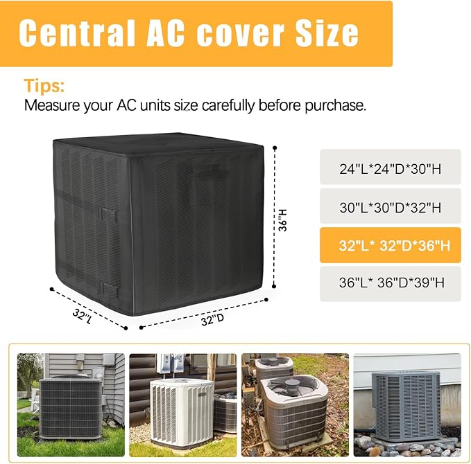 SUNICO Winter Air Conditioner Covers for Outside Units, 32x32x36in, Black | 3 Layers insulation waterproof cover, snowproof, heavy-duty 600D with antifreeze aluminum foil layer, for outdoor AC unit use