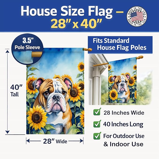 Caroline's Treasures DAC6072CHF English Bulldog in Sunflowers House Flag Large Porch Sleeve Pole Decorative Outside Yard Banner Artwork Wall Hanging, Polyester, House Size, Multicolor