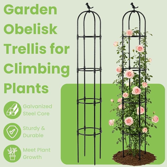 Lancisism Garden Obelisk Trellis for Climbing Plants Outdoor - 2 Pack 6.3 Ft Plant Support Round Trellis for Potted Plants Indoor - Rustproof Plastic Coated Tomato Cage for Vines Flowers Vegetable