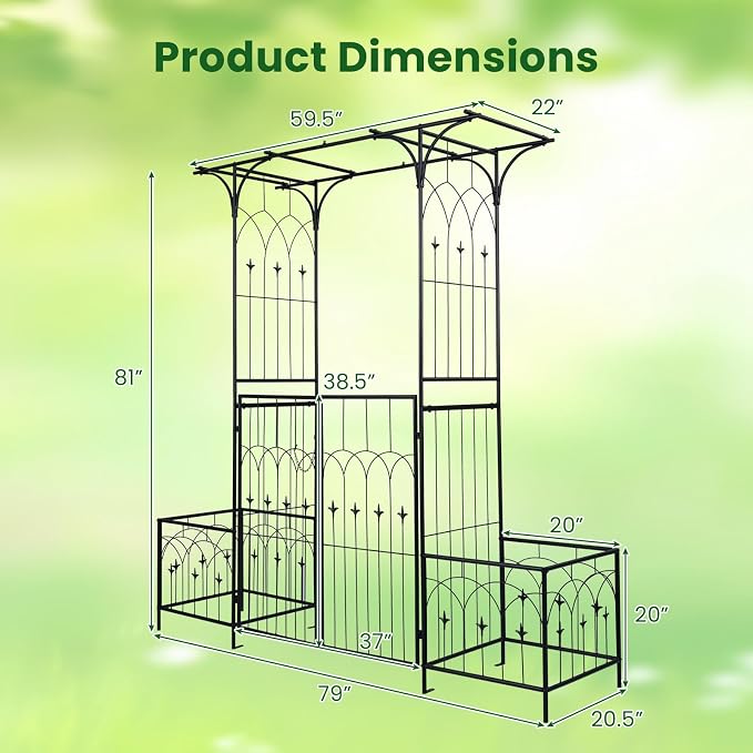 Giantex Garden Arbor with Gate and Planter, 79" W x 81" H Metal Arch Trellis with Double Doors, Outdoor Archway for Climbing Plants, Weddings, Backyard, Patio, Lawn, Ceremony Party Decoration