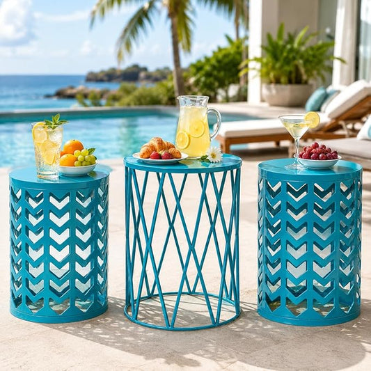 Y&M Outdoor Side Tables Set of 3, Round Metal Nesting End Coffee Tables, Indoor & Outdoor Accent Tables for Patio, Porch, Balcony, Garden, Sunroom, Living Room, Blue