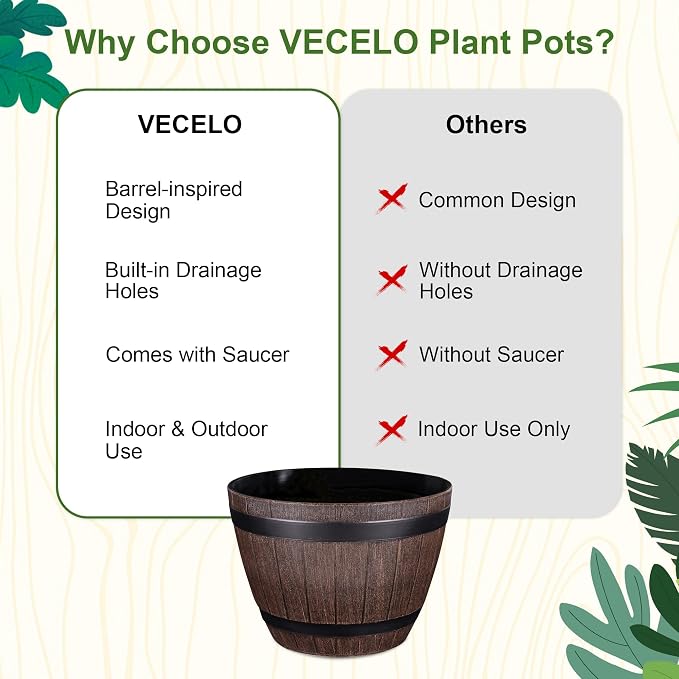 VECELO Plant Pots with Drainage Holes & Saucer, 9/11.3/13 Inch Flower Pots with Tray, 3 Pack Plastic Whiskey Barrel Planters for Indoor & Outdoor Garden Home Plants and Flowers