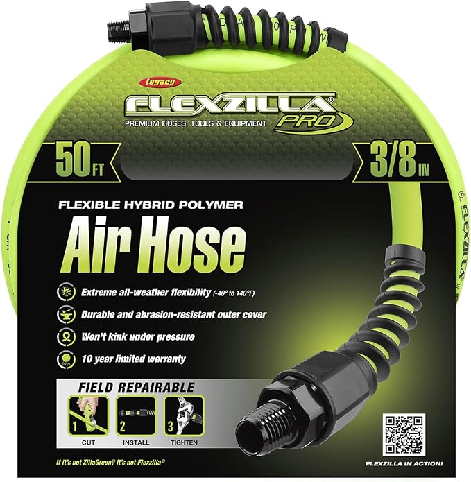 Flexzilla Open Face Retractable Air Hose Reel, 3/8 in. x 50 ft., Heavy Duty, Lightweight, Hybrid, ZillaGreen - L8611FZ & Pro Air Hose, 3/8 in. x 50 ft, Heavy Duty, Lightweight, Hybrid, ZillaGreen