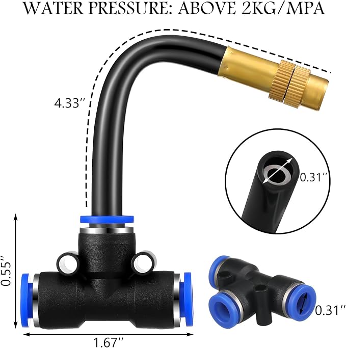 Zonon 15 Pcs Brass Misting Nozzles Tee with 4" Built in Hose for 0.32"/8 mm Tubing 360 Degree Rotation Adjustable Water Mister Nozzle Thread Sprayer Misting Part Accessories for Patio Outdoor Cooling