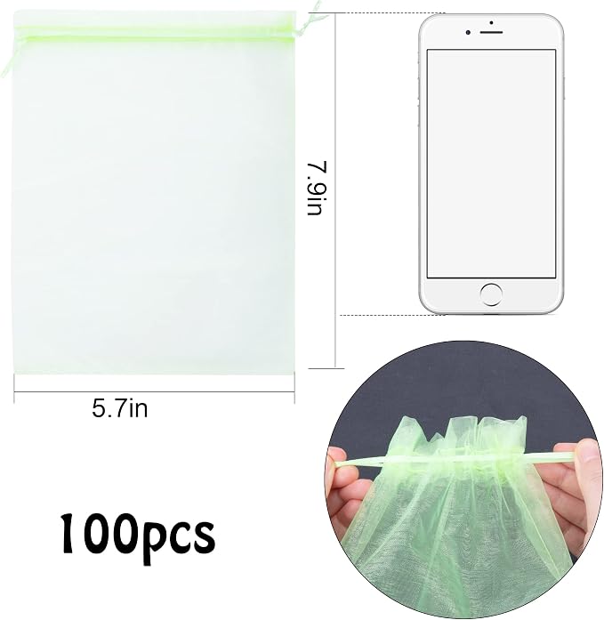 6x8 Inch 100 Pieces Green Fruit Protection Bags- Fruit Netting Bags with Drawstring,Garden Fruit Cover Mesh Bag to Protect Plants from Pest Birds Squirrels
