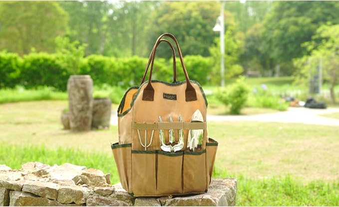 Canvas Tool Bag, 16OZ Waxed Canvas Garden Tool Tote - with 3 Inner Slots & 8 Outer Pockets & Portable Handle, Gardening Tool Storage Bag for Gardener Florist Workshop - Khaki
