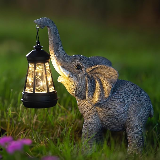 Candieslife Solar Garden Statue Lights Elephants Figurine with Solar Lantern, IP65 Waterproof Outdoor Yard Decorations for Patio Porch Yard Lawn,Home,Garden Gifts for Mom Grandma Women
