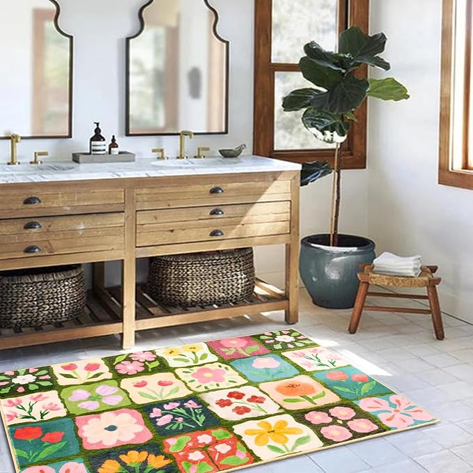 Vintage Floral Bathroom Rugs Non Slip, Thin Spring Country Colorful Flowers Botanical Indoor Doormat Washable, Cute Boho Aesthetic 2x3 Small Area Rugs for Kitchen Bedroom Laundry Entryway