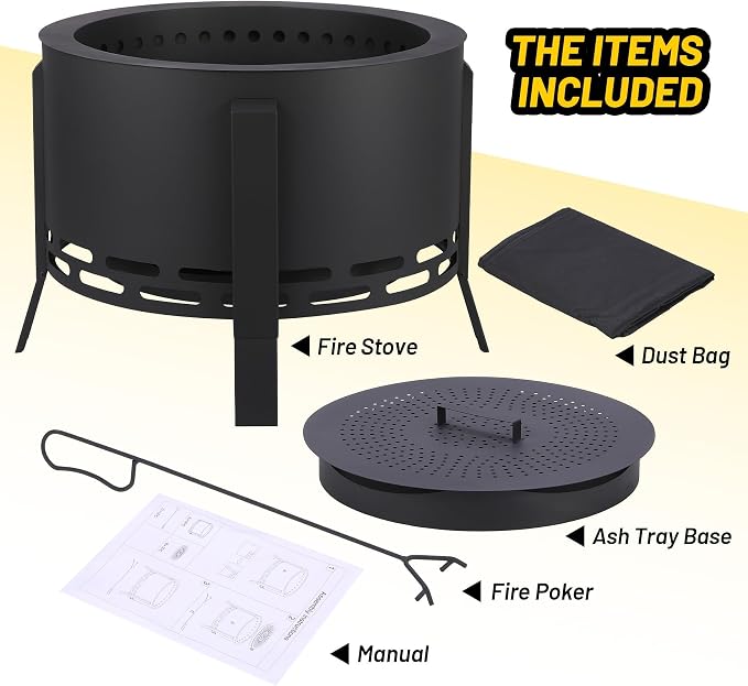 Smokeless Fire Pit 26" with Ash Tray Base - Large Steel Outdoor Fire Pits for Patio, Camping & Backyard, Includes Adjustable Feet, Fire Poker & Dust Bag