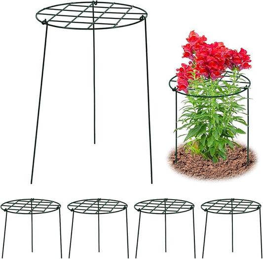 4 Pack Round Peony Cages and Supports 12 x 16 Inches (D x H) Grow Through Grid Plant Brace Plant Support Stake Heavy Duty Metal Flower Support Rings for Rose Tomato Hydrangea Strawberry
