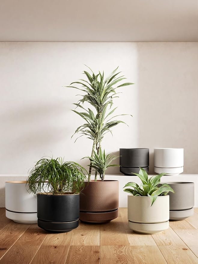 LE TAUCI 14 Inch Large Plant Pot with Saucer, Ceramic Outdoor & Indoor Big Planter with Drainage Hole, Mesh Pad Included, Matte Glazed Outside, Modern for Home and Patio, Obsidian Black & Ochre