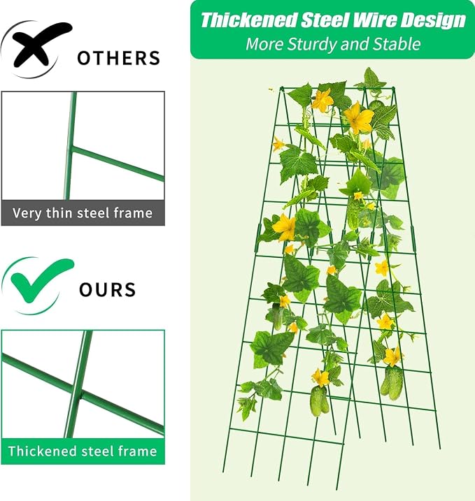 DoCred Cucumber Trellis, 59" H 2 Pack Metal Foldable Upgraded A Frame Garden Trellis for Raised Bed Climbing Plants, Vegetables, Including Plant Support Clips, Twist Ties, Plastic Ties, Green