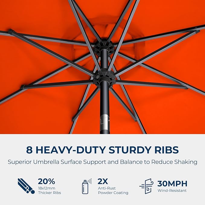 HOMSHADE 9ft Solar Patio Umbrella - Solar Lights LED Lighted Outdoor Market Table Umbrella, UPF50+ UV Protection with Push Button Tilt, Crank for Pool Deck and Garden (Neon Orange)