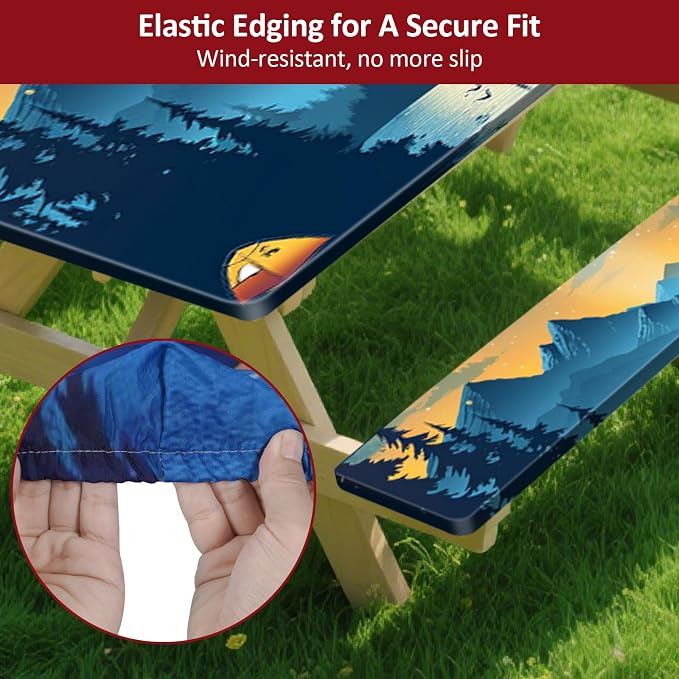 Picnic Table Cover with Bench Covers 6FT 3PCS, Camping Essentials Waterproof Windproof Tablecloth with Drawstring Bag, Fitted Rectangle Tables and Seats, 72", Lakeside Ember