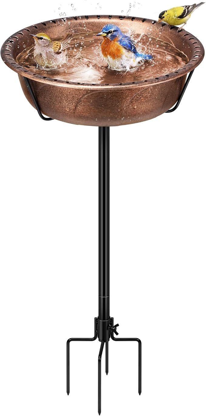 VIVOHOME Bird Bath for Outside, Outdoor 13'' Birdbath Bowl with Metal Ground Stake, Weather-Resistant ABS Bird Bath and Feeder for Garden, 1.45 Gallons, Bronze