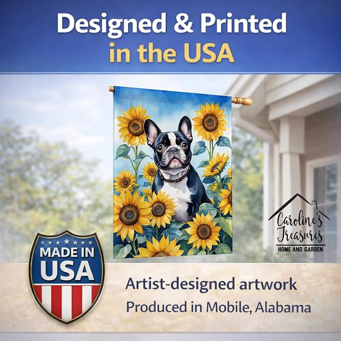 Caroline's Treasures DAC6082CHF French Bulldog in Sunflowers House Flag Large Porch Sleeve Pole Decorative Outside Yard Banner Artwork Wall Hanging, Polyester, House Size, Multicolor