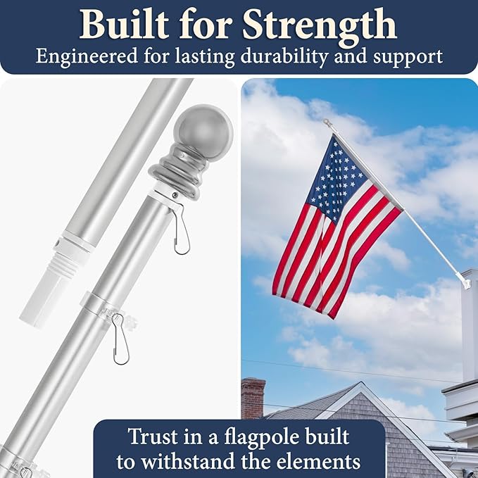 Flag Pole for Outside House – 6FT Aluminum Flagpole Kit with Wall Mount Bracket – Heavy Duty Flag Pole Holder for Residential or Commercial Outdoor Use – Fits 3x5 American Flags