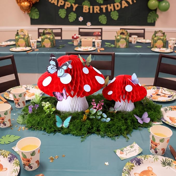 Fairy Garden Accessories Kit Set Include 6 Large 3D Forest Mushroom Honeycomb Table Centerpiece Decor, 20 Fake Flowers Plants, 3.5oz Moss, 36 Butterflies for Fairy Garden Birthday Party Decor