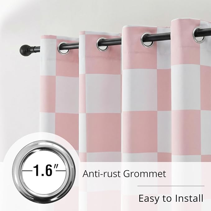 100% Blackout Checkered Curtains – 2 Panels, Each W52×L96, Thermal Insulated, Nosie Reducing for Bedroom, Modern Pink and White Checkerboard Design for Girls Room