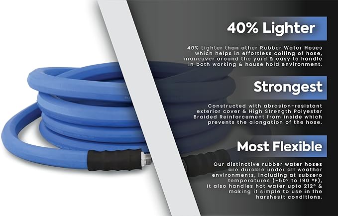AG-LITE BSALONE100 1" x 100' Hot/Cold Water Rubber Garden Hose, 100% Rubber, Ultra-Light, Super Strong, 500 PSI, 50F to 190F Degrees, High Strength Polyester Braided, 2x Water Flow