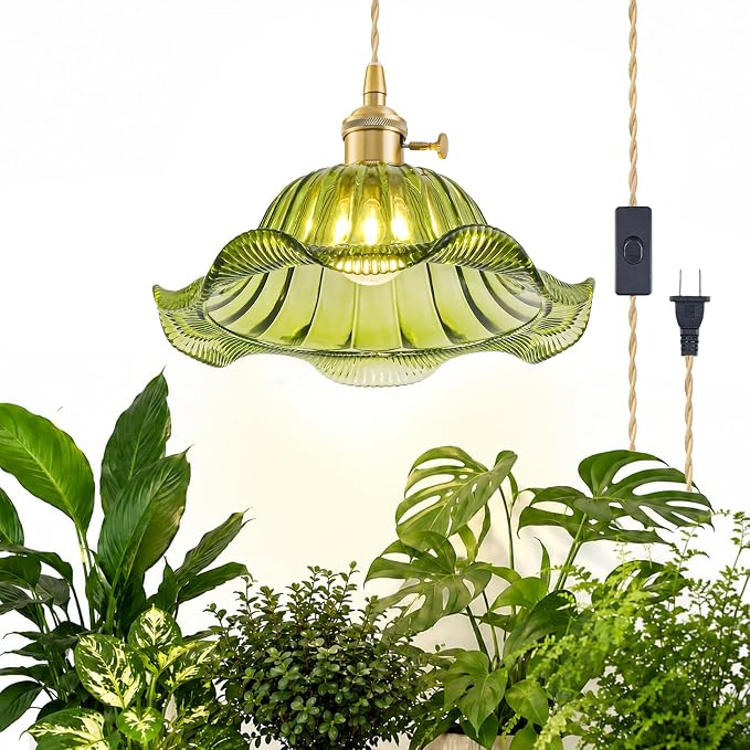 Hanging Grow Lights for Indoor Plants, 12W Full Spectrum 98+ CRI Grow Lamp, Dual CCT 3000K/4000K, Dual Switches, Pulley Height Adjustable, 14.76FT Cord, Petal Glass Plant Light for Indoor Flowers